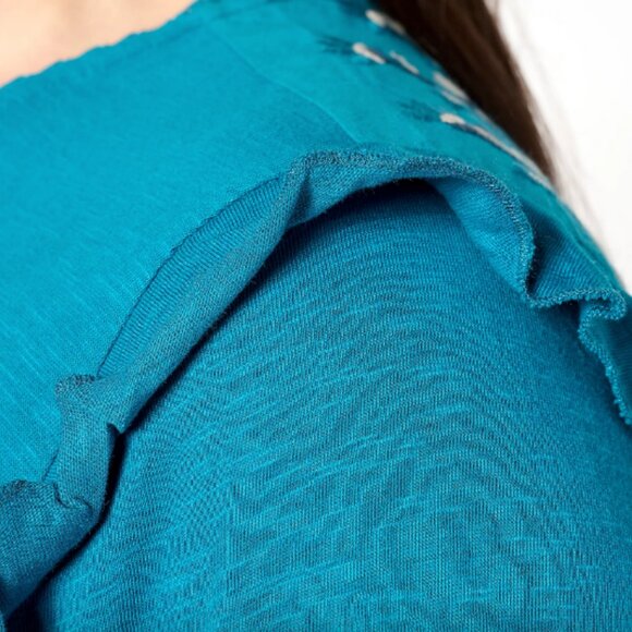 Denim & Co. Canyon Retreat Embroidered Split Neck Blouse , Teal Sz 1X a633559 - Picture 2 of 6